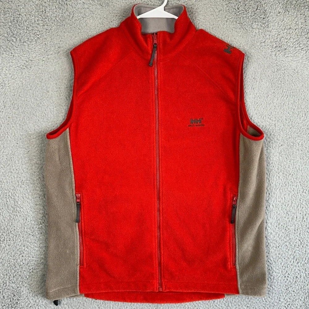 Helly Hansen Vest Mens XL Red Tan Fleece Full Zip Colorblock Mock Neck Pockets